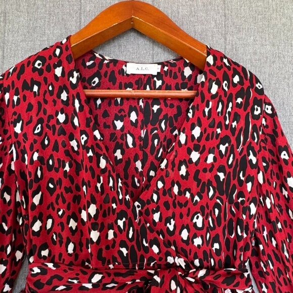 A.L.C. Michaela 100% Silk Red Cheetah Print Ballon Sleeve True Wrap Mini Dress - Picture 4 of 17